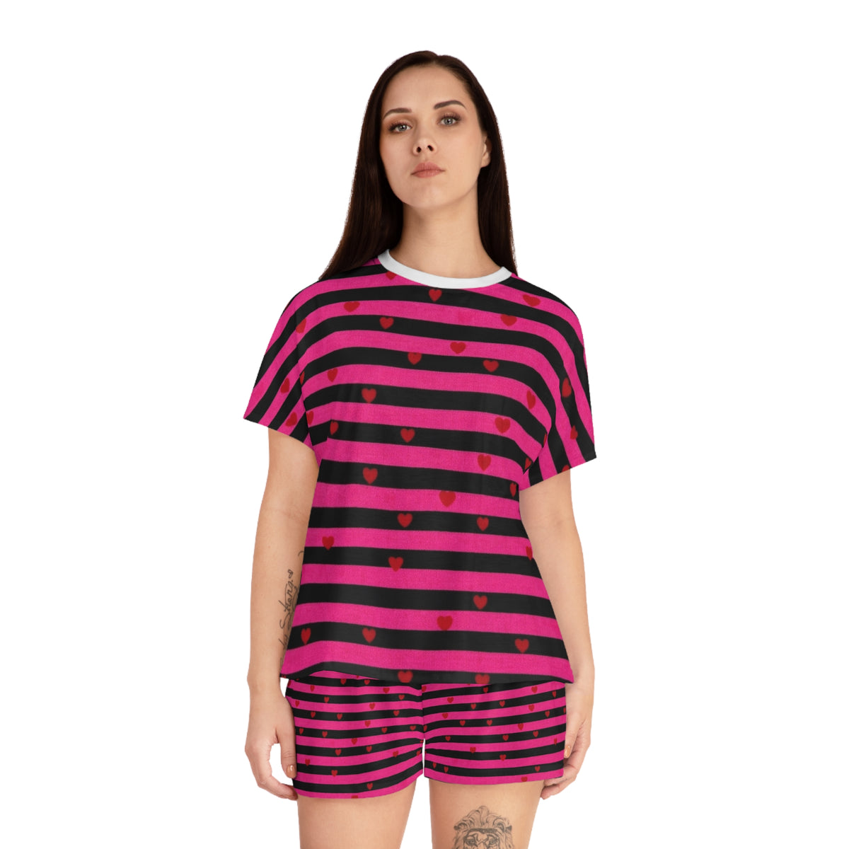  Conjunto de pijama rosa y negro con corazones – Ropa de dormir bonita y acogedora