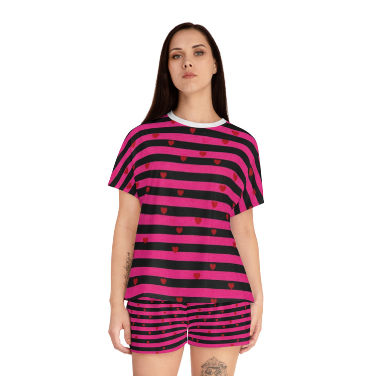  Conjunto de pijama rosa y negro con corazones – Ropa de dormir bonita y acogedora